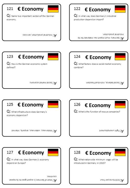 128 Q: What nationwide minimum wage will be introduced in Germany in 2015? A: 8.50 Euros per hour 127 Q: In what way does Germany’s economy depend on Europe?