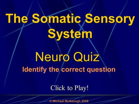 Click to Play! Neuro Quiz  Michael McKeough 2008 Identify the correct question The Somatic Sensory System.