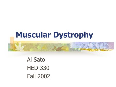 Muscular Dystrophy Ai Sato HED 330 Fall 2002. Definition Muscular dystrophy is a group of disorders recognized by progressive muscle weakness and loss.