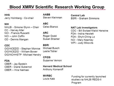 Blood XMRV Scientific Research Working Group Funding for currently launched studies via NHLBI REDS-II Program Central Lab BSRI - Graham Simmons NAT Lab.