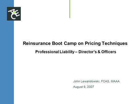 Reinsurance Boot Camp on Pricing Techniques Professional Liability – Director’s & Officers John Lewandowski, FCAS, MAAA August 9, 2007.