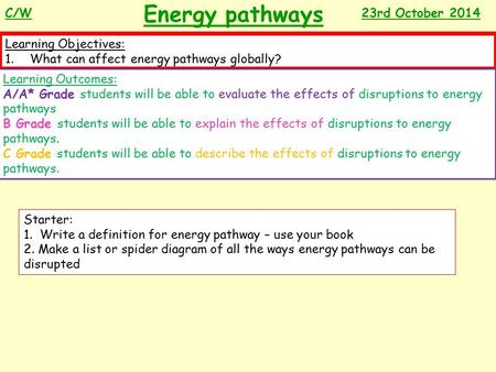Energy pathways C/W 23rd October 2014 Learning Objectives: