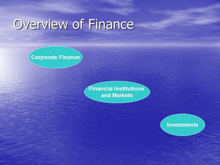 Overview of Finance Corporate Finance Financial Institutions and Markets Investments.