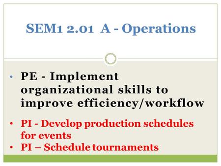 PE - Implement organizational skills to improve efficiency/workflow SEM1 2.01 A - Operations PI - Develop production schedules for events PI – Schedule.