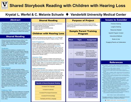 Shared Storybook Reading with Children with Hearing Loss Krystal L. Werfel & C. Melanie Schuele ♦ Vanderbilt University Medical Center Shared storybook.