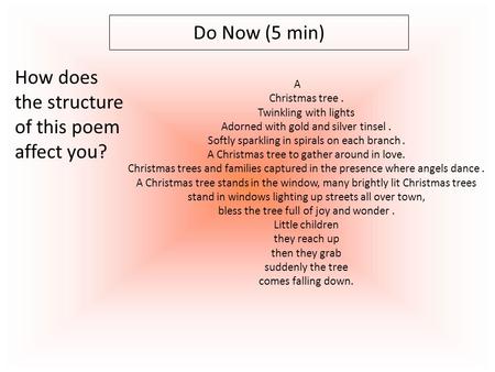 Do Now (5 min) A Christmas tree. Twinkling with lights Adorned with gold and silver tinsel. Softly sparkling in spirals on each branch. A Christmas tree.
