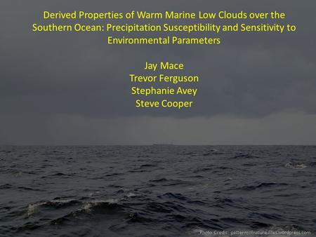 Derived Properties of Warm Marine Low Clouds over the Southern Ocean: Precipitation Susceptibility and Sensitivity to Environmental Parameters Jay Mace.