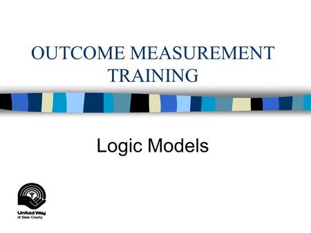 OUTCOME MEASUREMENT TRAINING Logic Models OBJECTIVES FOR TODAY: n Recognize and understand components of a logic model n Learn how to create a logic.