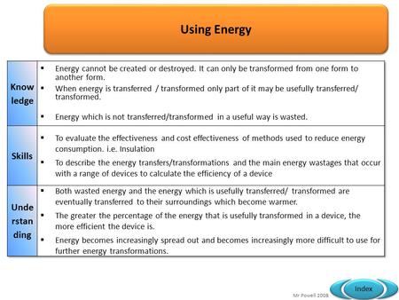 Mr Powell 2008 Index Using Energy. Mr Powell 2008 Index 2.1 Forms of energy  Both wasted energy and the energy which is usefully transferred/ transformed.
