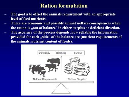 Ration formulation –The goal is to offset the animals requirement with an appropriate level of feed nutrients. –There are economic and possibly animal.