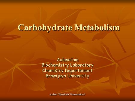 Aulani Biokimia Presentation 3 Carbohydrate Metabolism Carbohydrate Metabolism Aulanni’am Biochemistry Laboratory Chemistry Departement Brawijaya University.