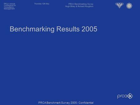 Thursday 12th MayPRCA Annual Conference on Consultancy Management Benchmarking Results 2005 PRCA Benchmark Survey 2005 - Confidential PRCA Benchmarking.
