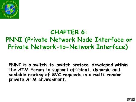 CHAPTER 6: PNNI (Private Network Node Interface or Private Network-to-Network Interface) PNNI is a switch-to-switch protocol developed within the ATM Forum.