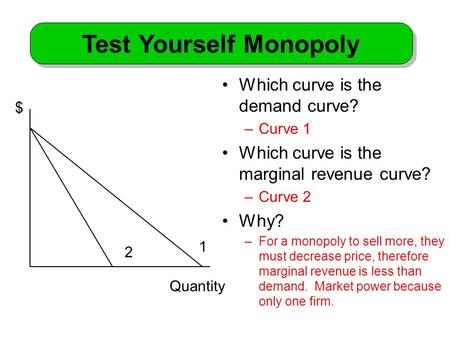 Which curve is the demand curve? –Curve 1 Which curve is the marginal revenue curve? –Curve 2 Why? –For a monopoly to sell more, they must decrease price,