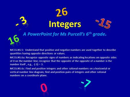 Integers A PowerPoint for Ms Purcell’s 6th grade.