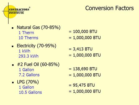 Conversion Factors Natural Gas (70-85%) 1 Therm 10 Therms Electricity (70-95%) 1 kWh 293.3 kWh #2 Fuel Oil (60-85%) 1 Gallon 7.2 Gallons LPG (70%) 1 Gallon.
