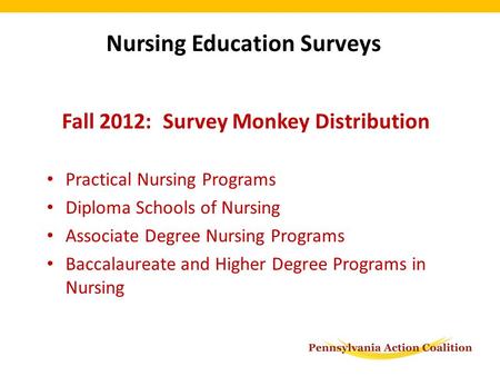 Fall 2012: Survey Monkey Distribution Practical Nursing Programs Diploma Schools of Nursing Associate Degree Nursing Programs Baccalaureate and Higher.