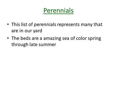 Perennials This list of perennials represents many that are in our yard The beds are a amazing sea of color spring through late summer.