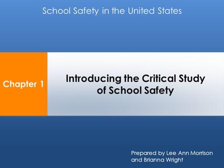 Chapter 1 Introducing the Critical Study of School Safety School Safety in the United States Prepared by Lee Ann Morrison and Brianna Wright.