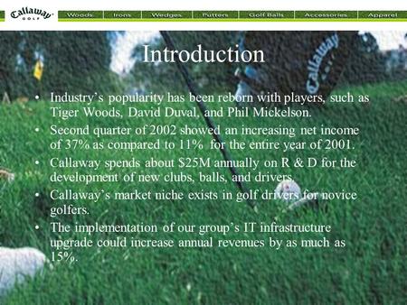 Introduction Industry’s popularity has been reborn with players, such as Tiger Woods, David Duval, and Phil Mickelson. Second quarter of 2002 showed an.