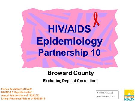 Broward County Excluding Dept. of Corrections HIV/AIDS Epidemiology Partnership 10 Florida Department of Health HIV/AIDS & Hepatitis Section Annual data.