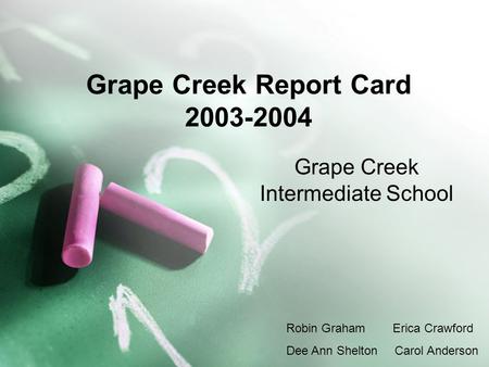 Grape Creek Report Card 2003-2004 Grape Creek Intermediate School Robin Graham Erica Crawford Dee Ann Shelton Carol Anderson.