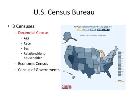 U.S. Census Bureau 3 Censuses: – Decennial Census Age Race Sex Relationship to householder – Economic Census – Census of Governments.
