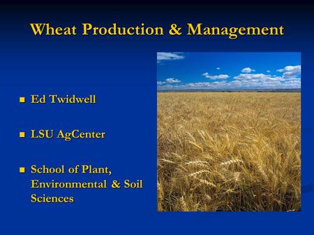 Wheat Production & Management Ed Twidwell Ed Twidwell LSU AgCenter LSU AgCenter School of Plant, Environmental & Soil Sciences School of Plant, Environmental.
