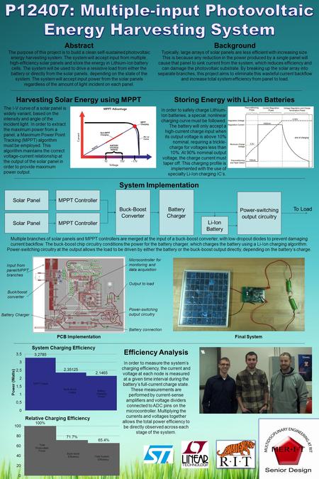 Abstract The purpose of this project is to build a clean self-sustained photovoltaic energy harvesting system. The system will accept input from multiple,