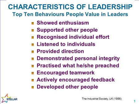 1 CHARACTERISTICS OF LEADERSHIP Top Ten Behaviours People Value in Leaders Showed enthusiasm Supported other people Recognised individual effort Listened.