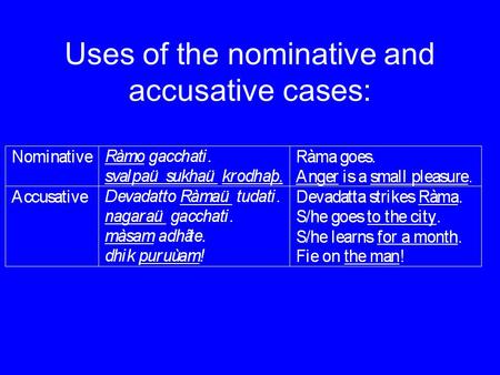 Uses of the nominative and accusative cases:. Adpositions governing the accusative: