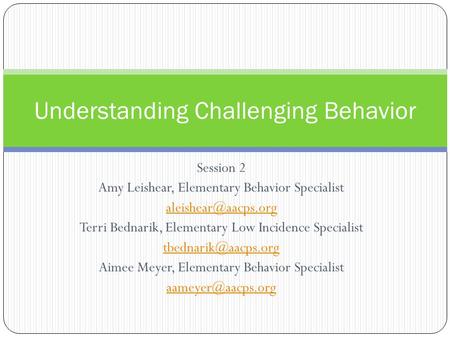 Session 2 Amy Leishear, Elementary Behavior Specialist Terri Bednarik, Elementary Low Incidence Specialist Aimee.