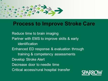 Process to Improve Stroke Care Reduce time to brain imaging Partner with EMS to improve skills & early identification Enhanced ED response & evaluation.