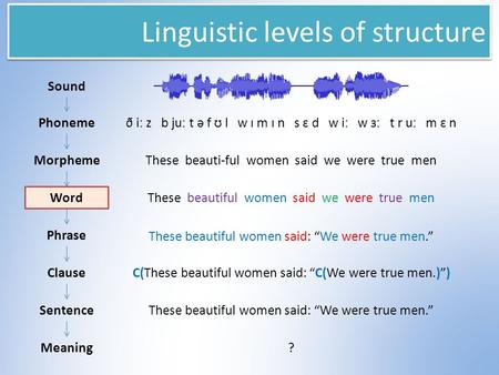 Linguistic levels of structure Sound Phoneme Morpheme Word Phrase Clause Sentence Meaning ð iː z b juː t ə f ʊ l w ɪ m ɪ n s ɛ d w iː w ɜː t r uː m ɛ n.