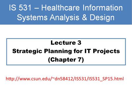 Lecture 3 Strategic Planning for IT Projects (Chapter 7)