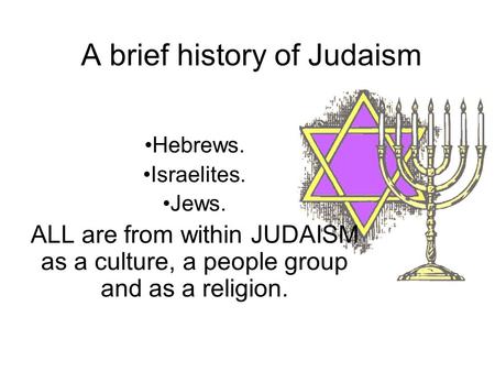 A brief history of Judaism Hebrews. Israelites. Jews. ALL are from within JUDAISM as a culture, a people group and as a religion.