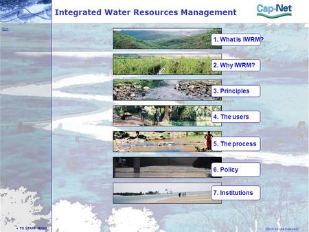 Integrated Water Resources Management 1. What is IWRM? 2. Why IWRM? 3. Principles 4. The users 5. The process 6. Policy 7. Institutions (Click on the buttons)