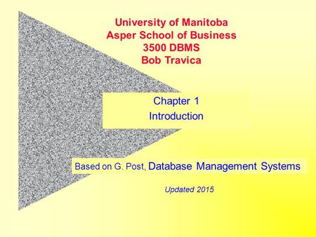 Based on G. Post, Database Management Systems University of Manitoba Asper School of Business 3500 DBMS Bob Travica Updated 2015 Chapter 1 Introduction.