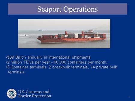 1 Seaport Operations $39 Billion annually in international shipments 2 million TEUs per year - 60,000 containers per month. 3 Container terminals, 2 breakbulk.