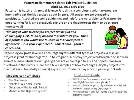 Patterson Elementary Science Fair Project Guidelines