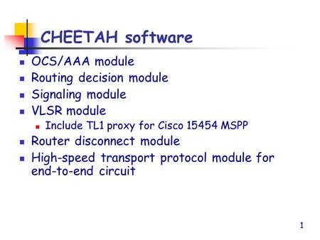1 CHEETAH software OCS/AAA module Routing decision module Signaling module VLSR module Include TL1 proxy for Cisco 15454 MSPP Router disconnect module.