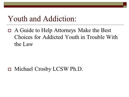 Youth and Addiction:  A Guide to Help Attorneys Make the Best Choices for Addicted Youth in Trouble With the Law  Michael Crosby LCSW Ph.D.