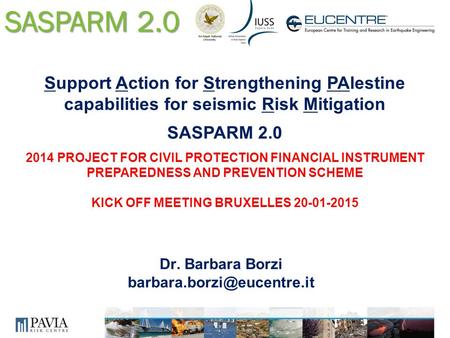 SASPARM 2.0 Dr. Barbara Borzi Support Action for Strengthening PAlestine capabilities for seismic Risk Mitigation SASPARM 2.0.