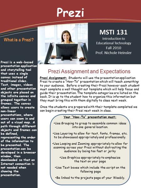 Prezi Prezi Assignment and Expectations MSTI 131 Introduction to Educational Technology Fall 2010 Prof. Nichole Heinsler What is a Prezi? Prezi is a web-based.