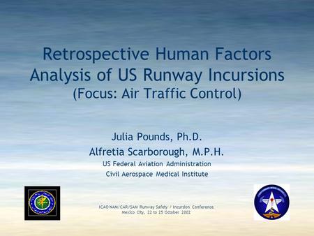 24 October 2002 ICAO NAM/CAR/SAM RUNWAY SAFETY/INCURSION CONFERENCE 1 Retrospective Human Factors Analysis of US Runway Incursions (Focus: Air Traffic.