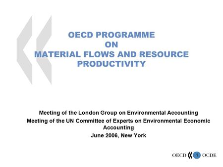 1 OECD PROGRAMME ON MATERIAL FLOWS AND RESOURCE PRODUCTIVITY Meeting of the London Group on Environmental Accounting Meeting of the UN Committee of Experts.