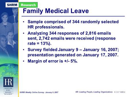 HR: Leading People, Leading Organizations © 2007 SHRM SHRM Weekly Online Survey: January 9, 2007 Family Medical Leave Sample comprised of 344 randomly.