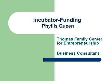 Incubator-Funding Phyllis Queen Thomas Family Center for Entrepreneurship Business Consultant.