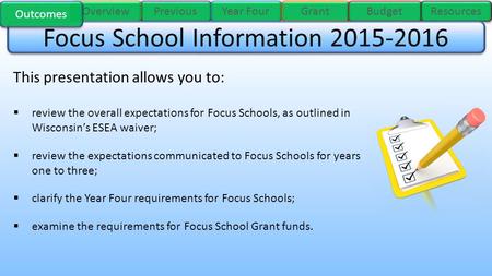 Previous Year Four Overview Grant Budget Resources This presentation allows you to:  review the overall expectations for Focus Schools, as outlined in.