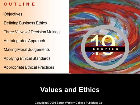 Learning Objective Chapter 19 Values and Ethics Copyright © 2001 South-Western College Publishing Co. Objectives O U T L I N E Defining Business Ethics.